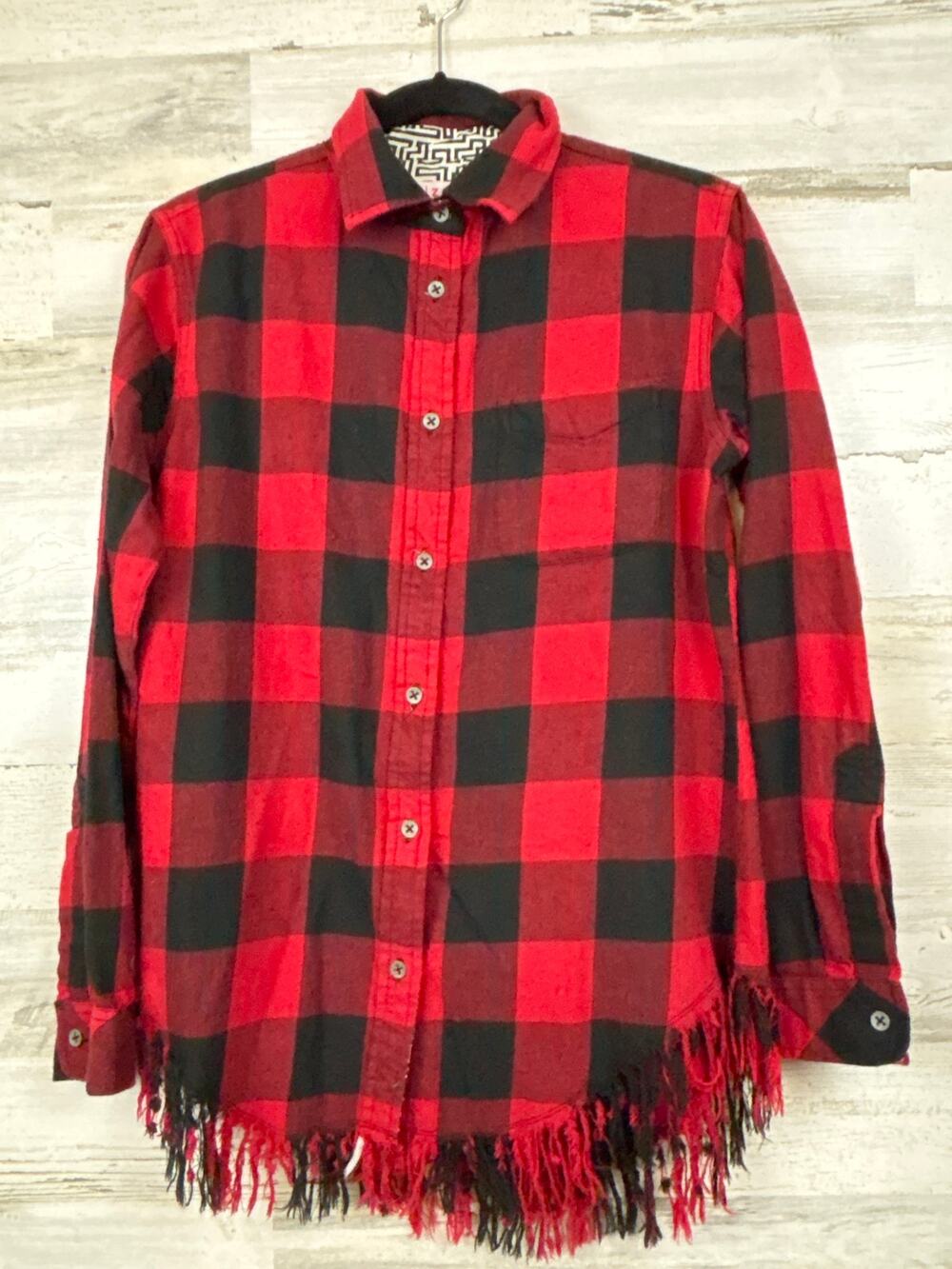 Tizzie Womens S Black Red Buffalo Plaid Fringe Flannel Button Up Boho Shirt
